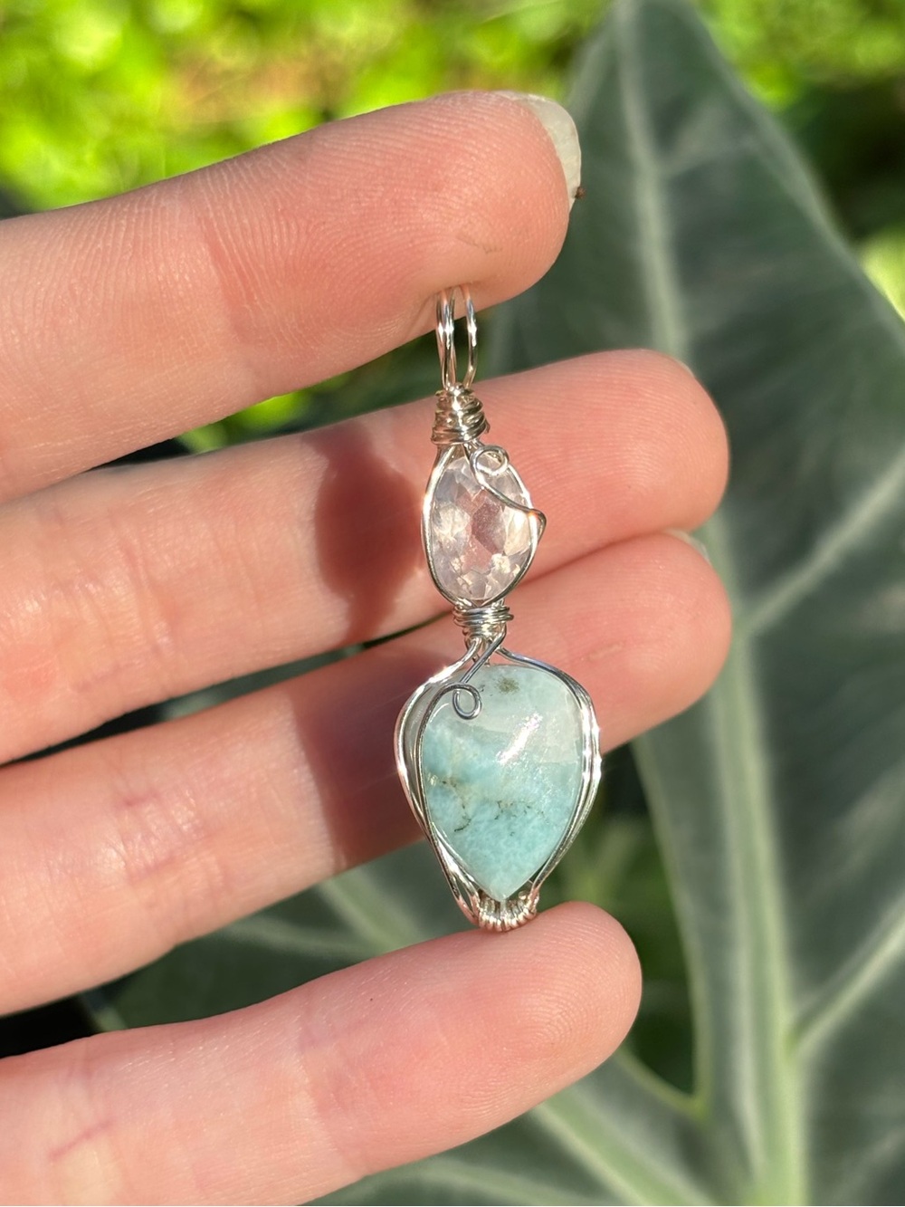 Rose quartz and Aquaprase fancy stack pendant